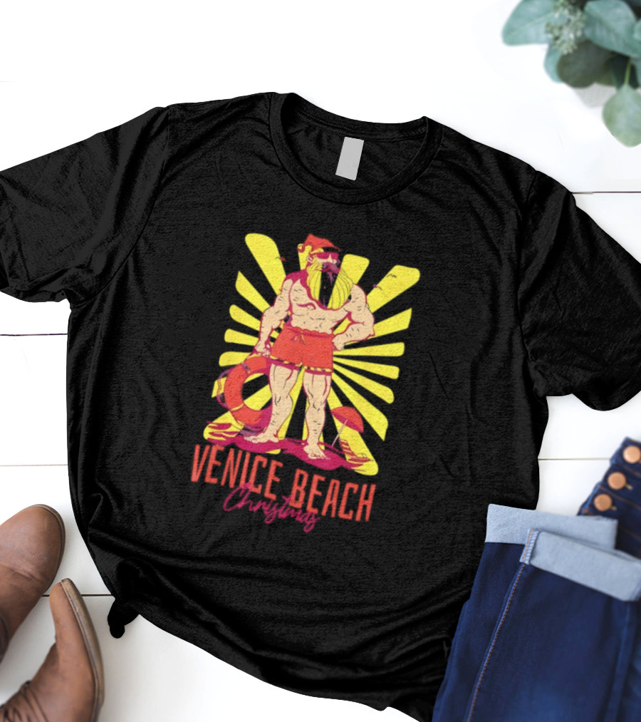 Venice Beach Christmas Lifeguard Santa Sunburst T-Shirt
