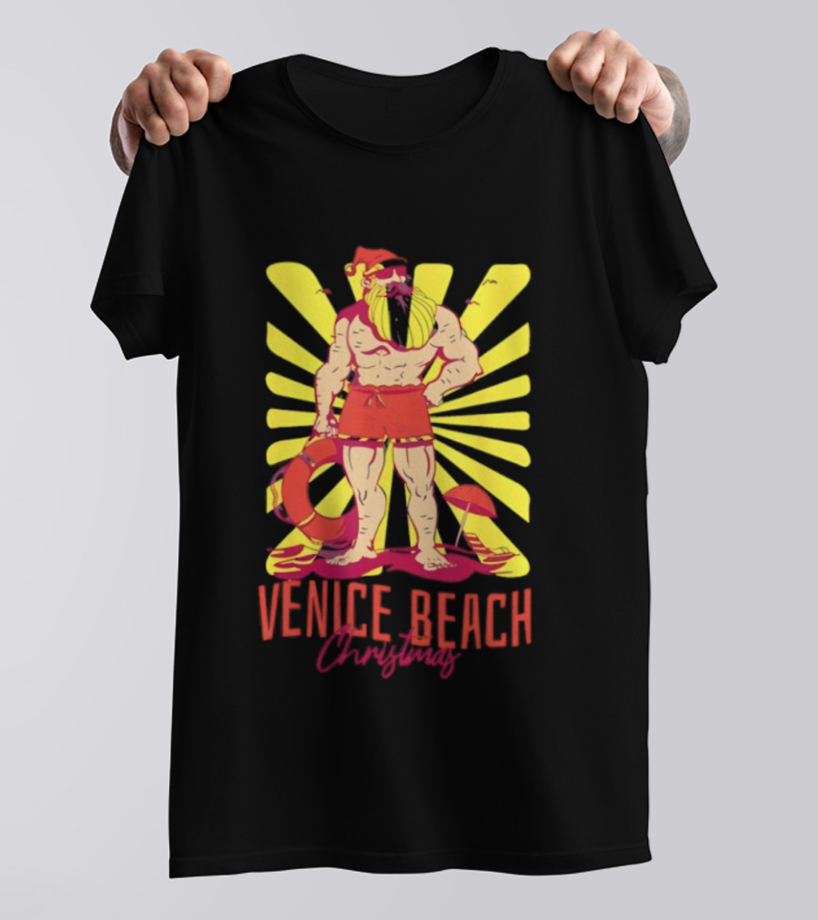 Venice Beach Christmas Lifeguard Santa Sunburst T-Shirt