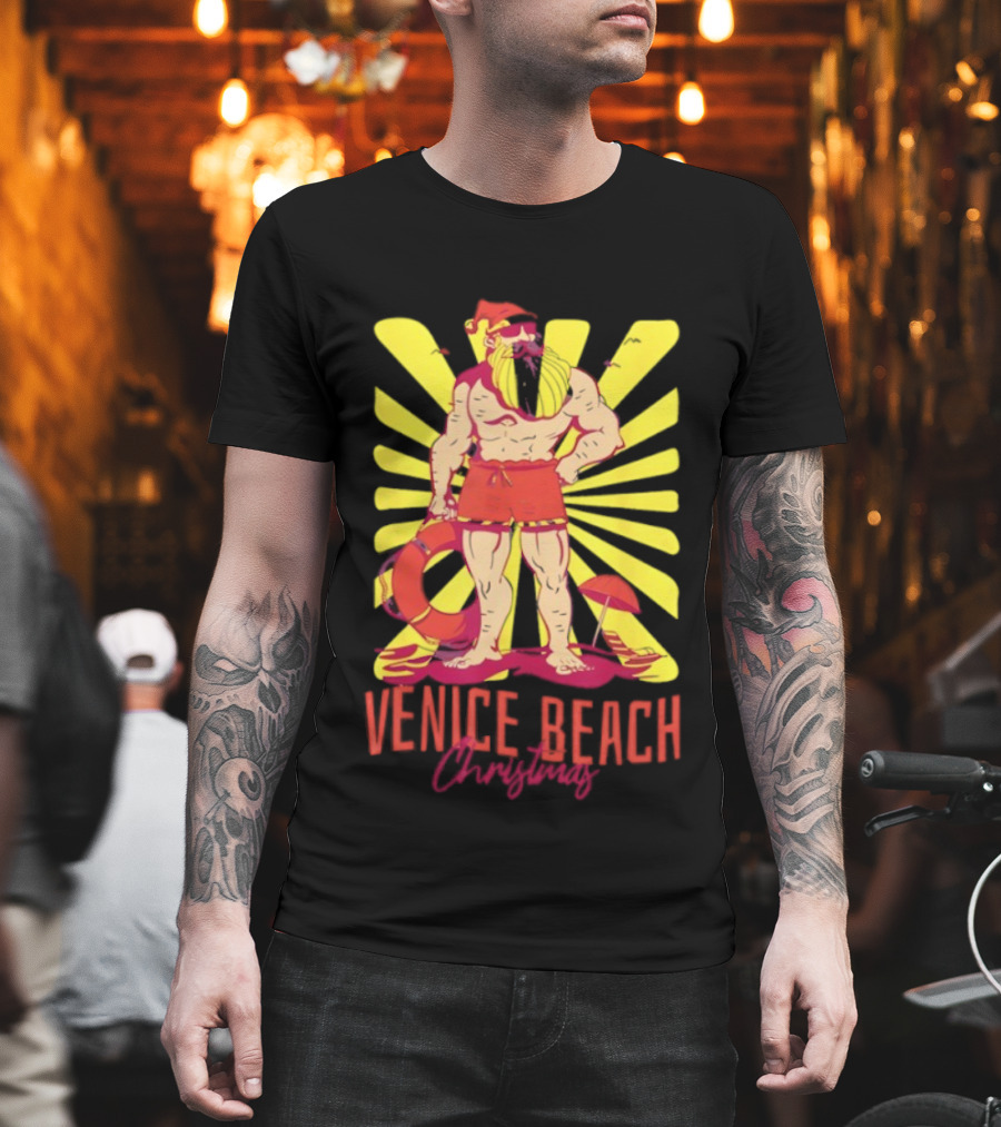 Venice Beach Christmas Lifeguard Santa Sunburst T-Shirt