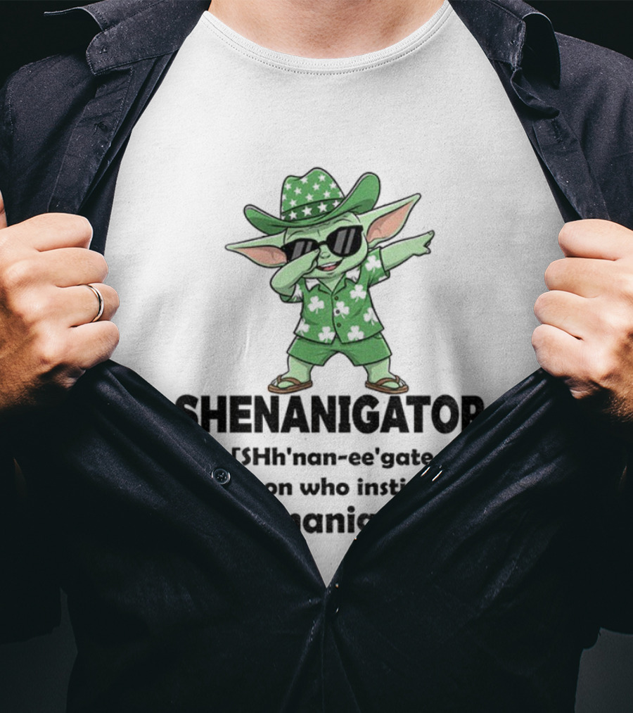 Shenanigator Baby Yoda Leprechaun Outfit Dabbing Fun Instigates Shenanigans T-Shirt