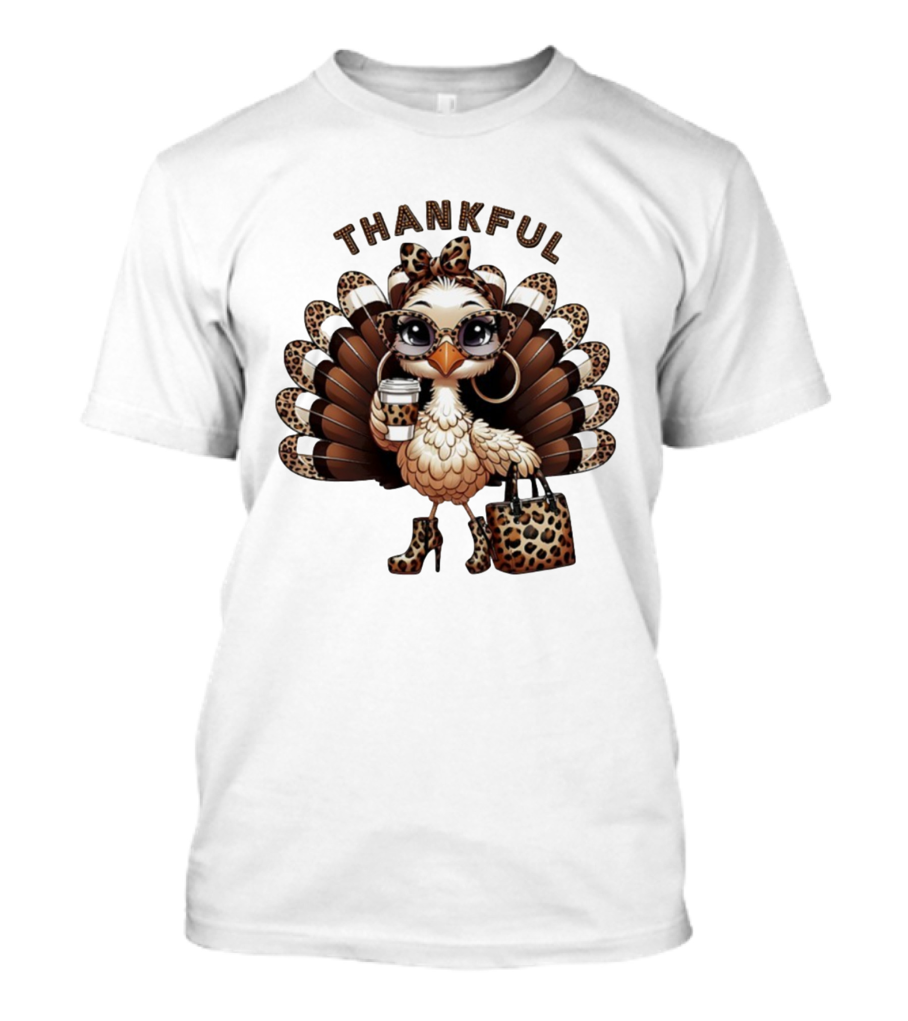 Thankful Leopard Print Turkey Coffee Lover Fashionista T-Shirt