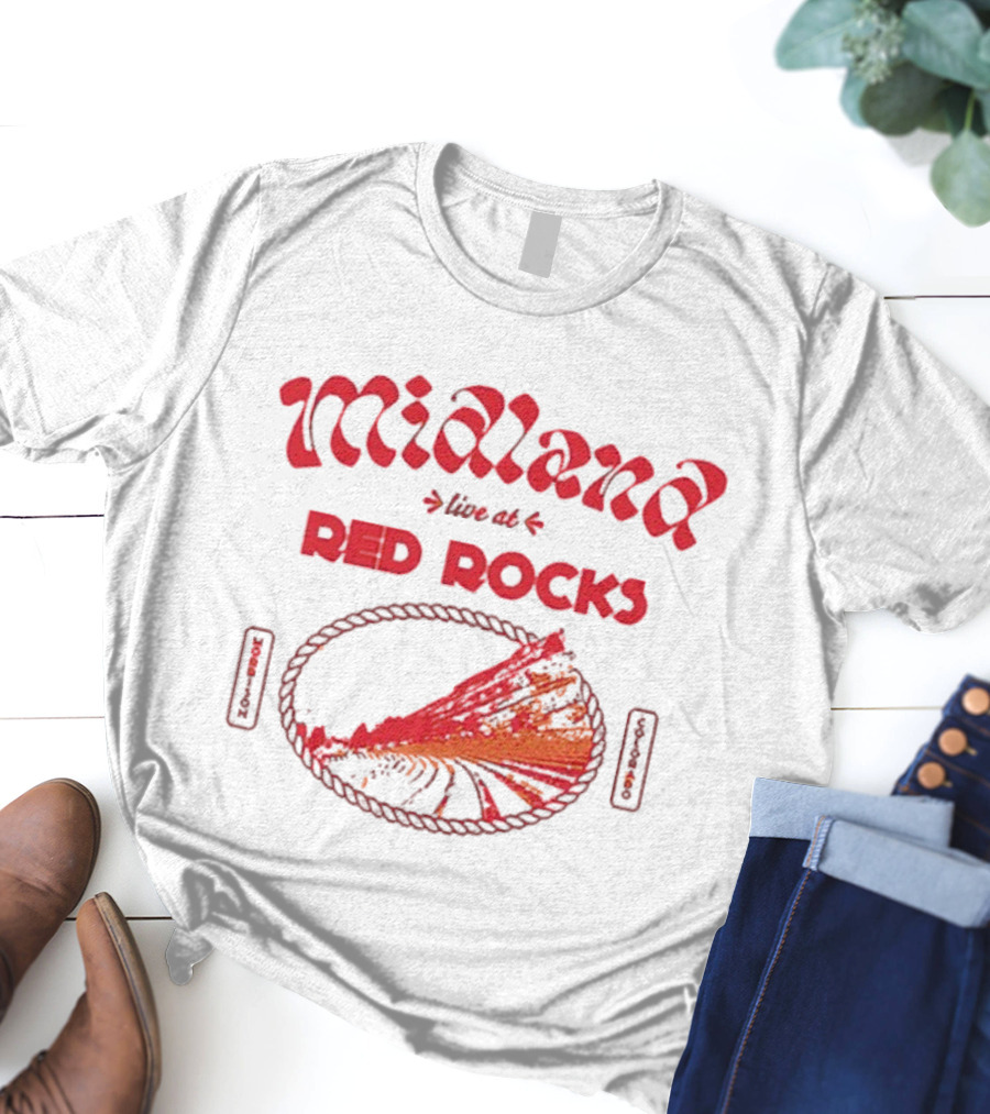 Midland Live At Red Rocks Morrison Colorado Oval Rope And Red Mountain Scene T-Shirt