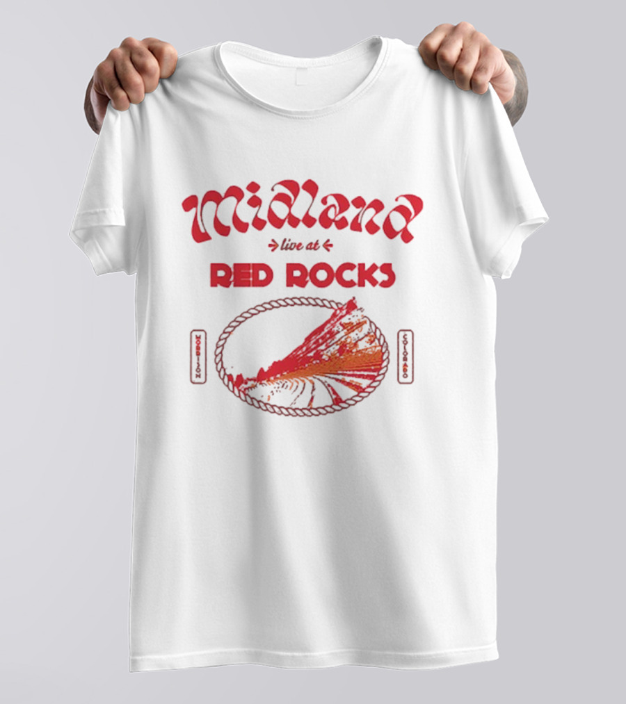 Midland Live At Red Rocks Morrison Colorado Oval Rope And Red Mountain Scene T-Shirt