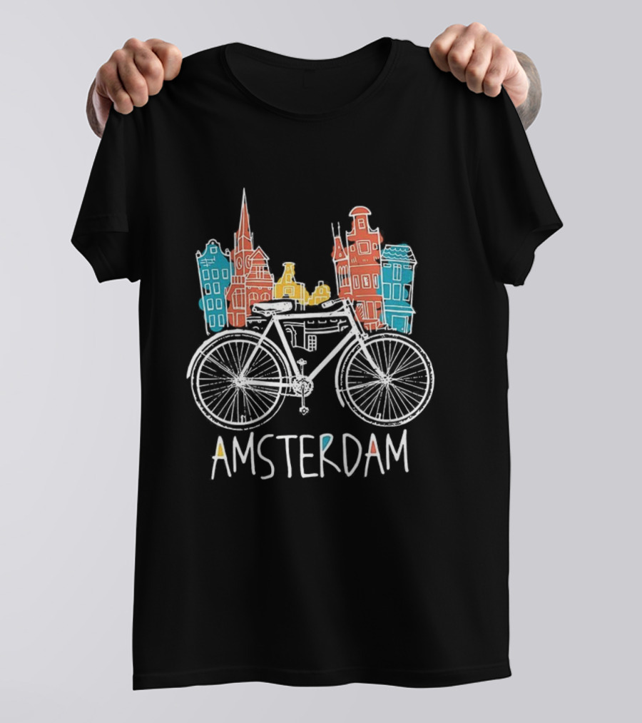 Amsterdam Bicycle Skyline Colorful Sketch Houses T-Shirt