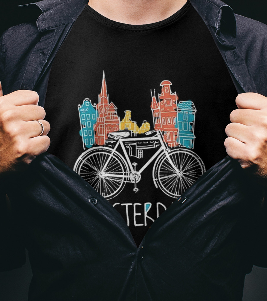 Amsterdam Bicycle Skyline Colorful Sketch Houses T-Shirt