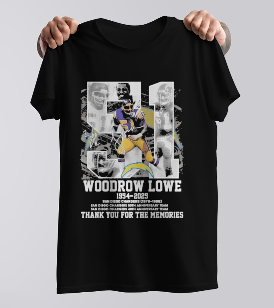 Woodrow Lowe 1954-2023 San Diego Chargers Anniversary Team Thank You For The Memories T-Shirt