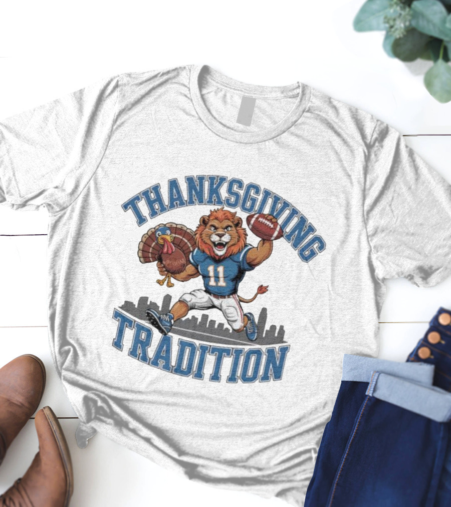 Thanksgiving Tradition Detroit Lions Football Mascot Number 11 Iconic Game Day Skyline T-Shirt