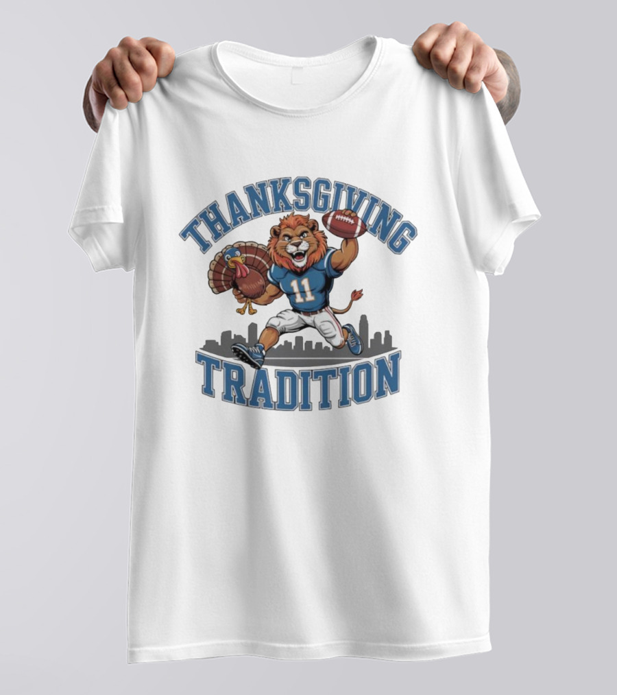 Thanksgiving Tradition Detroit Lions Football Mascot Number 11 Iconic Game Day Skyline T-Shirt