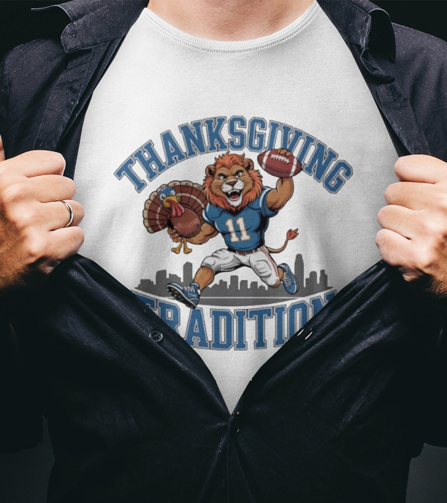 Thanksgiving Tradition Detroit Lions Football Mascot Number 11 Iconic Game Day Skyline T-Shirt