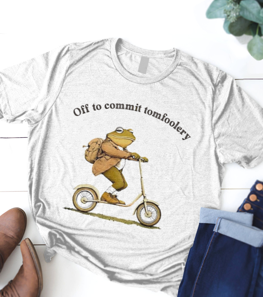 Off To Commit Tomfoolery Frog Riding Scooter With Backpack T-Shirt