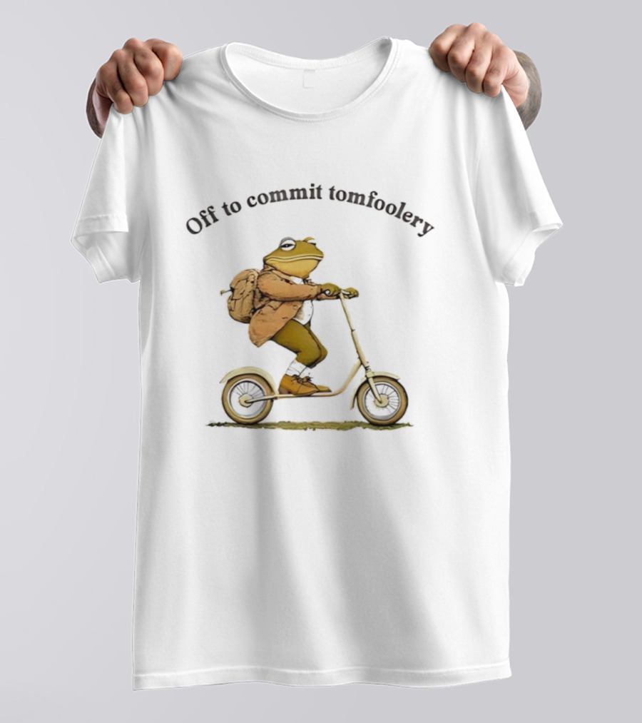 Off To Commit Tomfoolery Frog Riding Scooter With Backpack T-Shirt