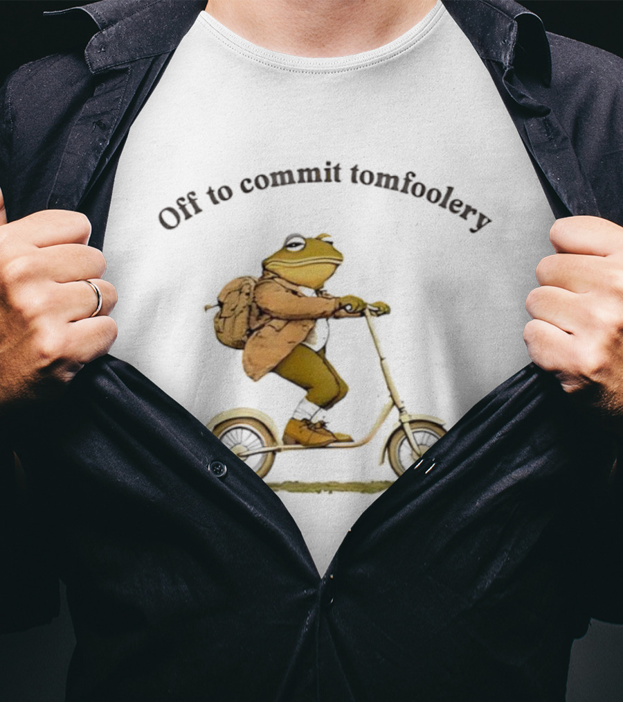 Off To Commit Tomfoolery Frog Riding Scooter With Backpack T-Shirt
