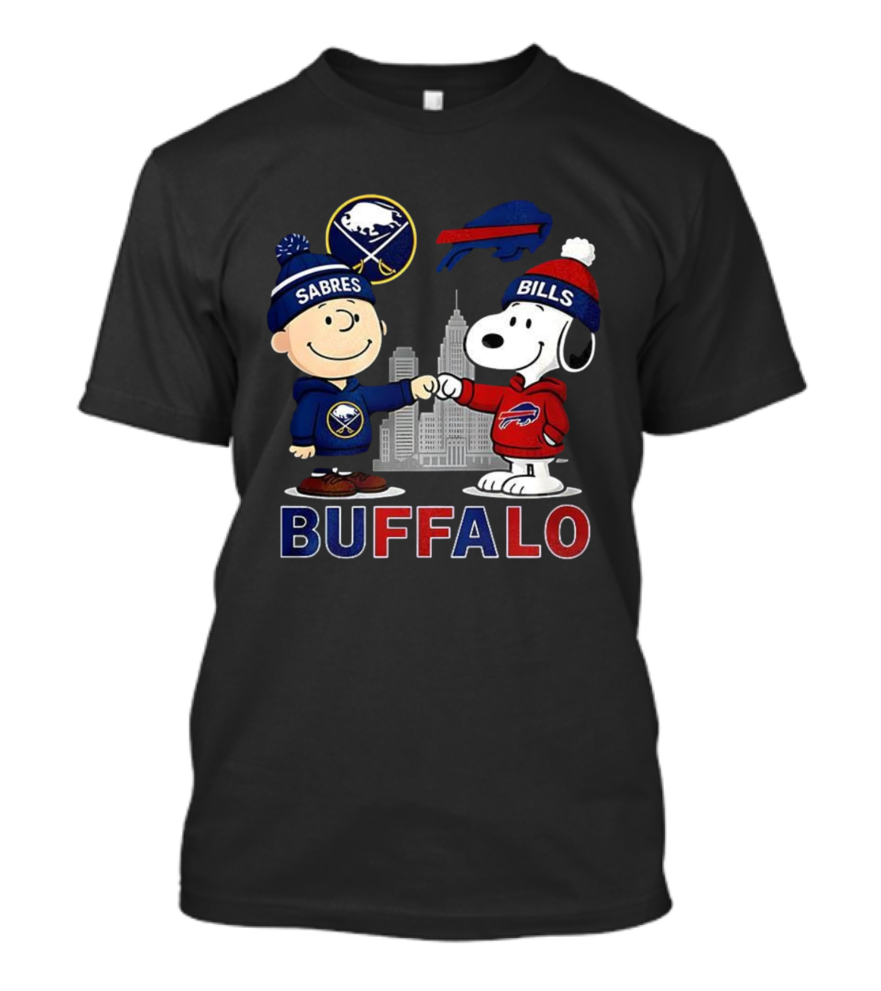 Charlie Brown Snoopy Buffalo Sabres Bills Skyline Fist Bump T-Shirt