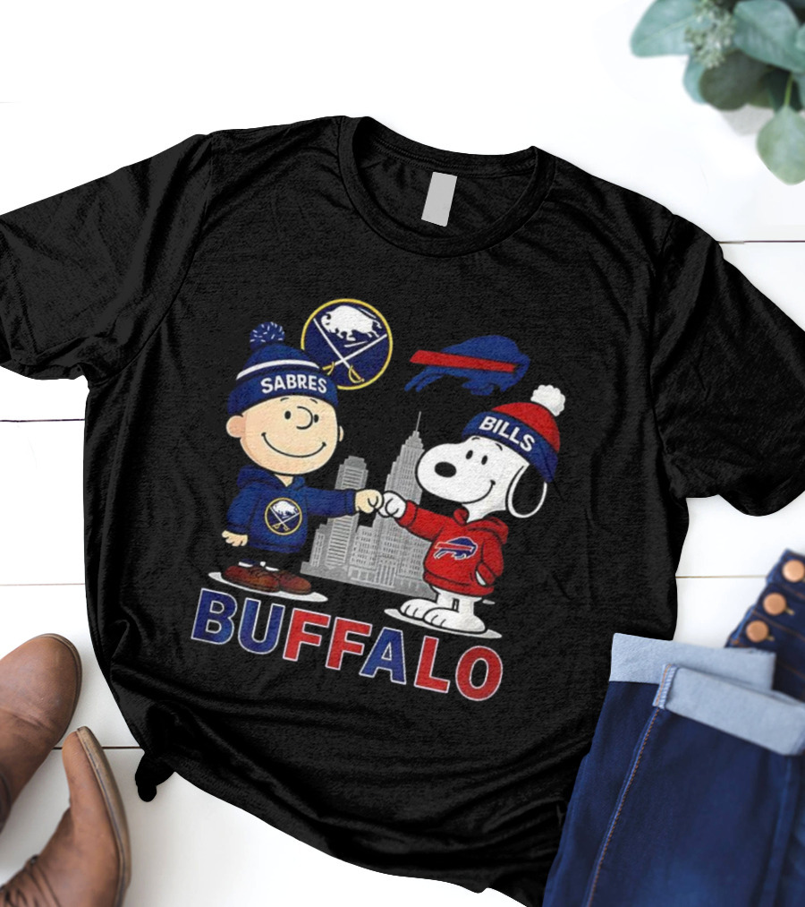Charlie Brown Snoopy Buffalo Sabres Bills Skyline Fist Bump T-Shirt