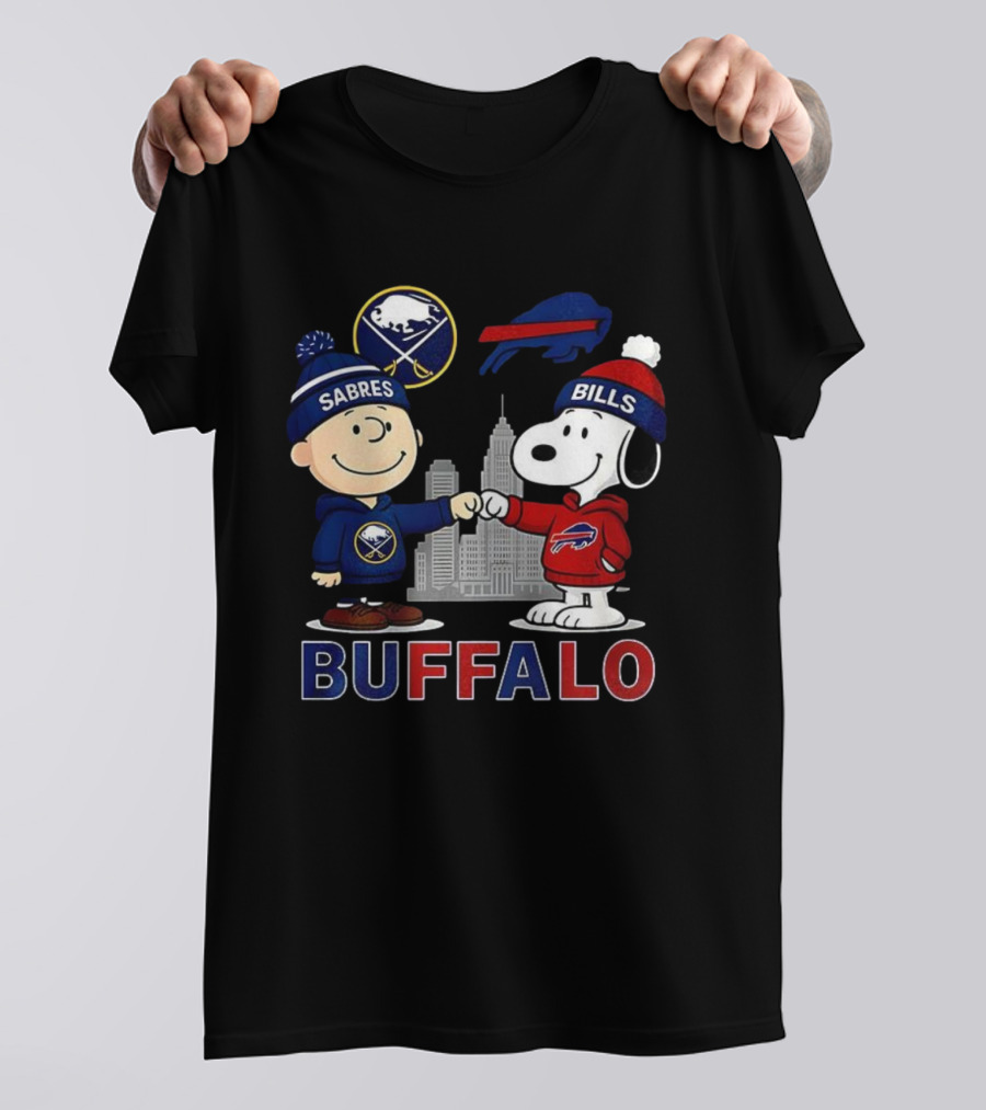 Charlie Brown Snoopy Buffalo Sabres Bills Skyline Fist Bump T-Shirt