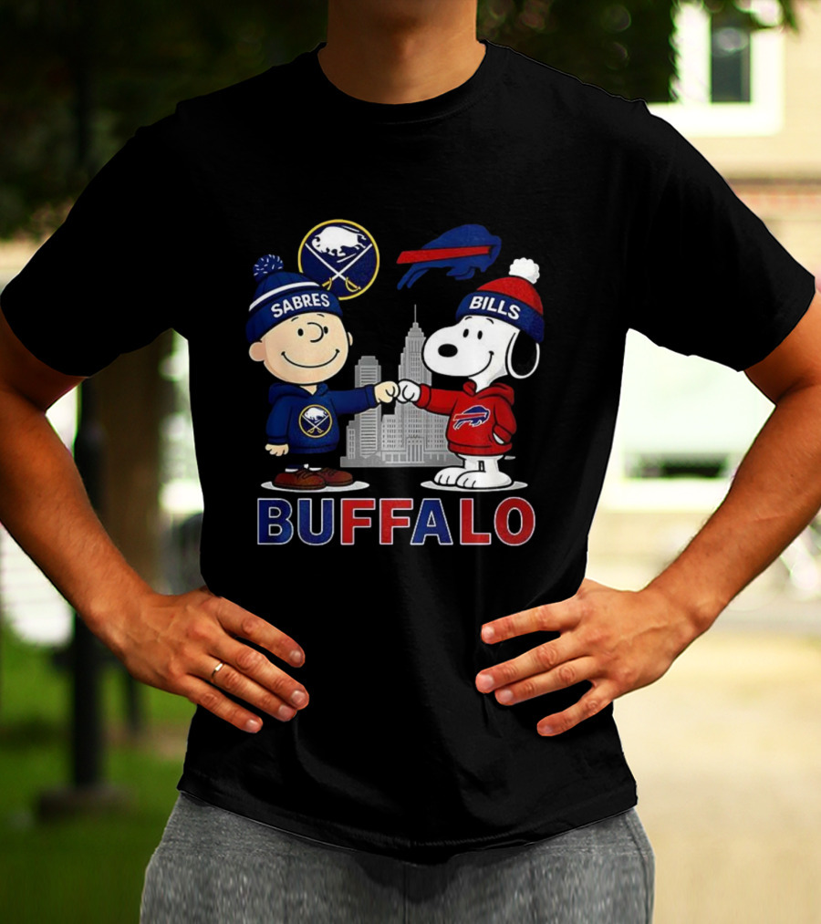Charlie Brown Snoopy Buffalo Sabres Bills Skyline Fist Bump T-Shirt