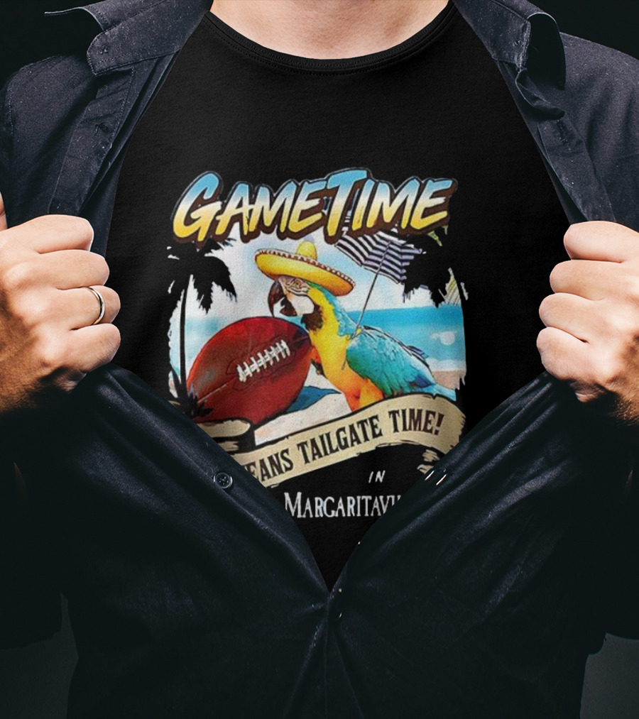 Game Time Means Tailgate Time In Margaritaville Football Parrot Beach Scene T-Shirt