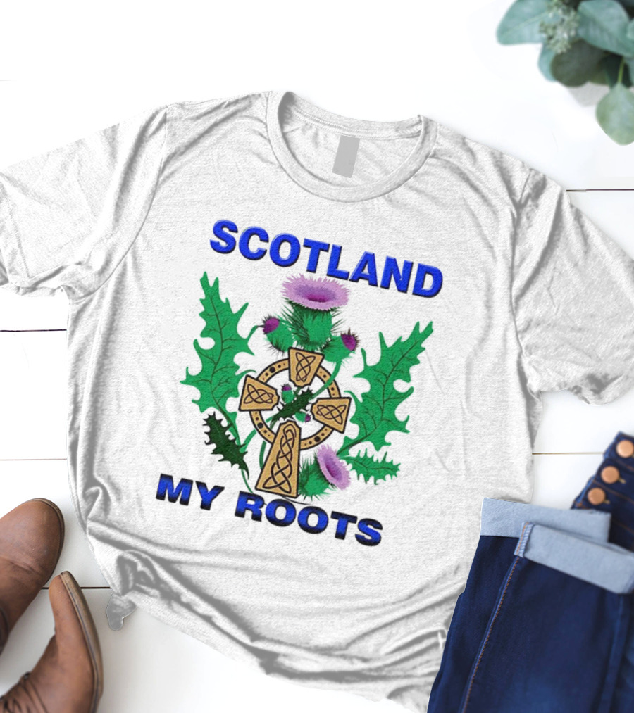 Scotland My Roots Celtic Cross Purple Thistle Heritage T-Shirt