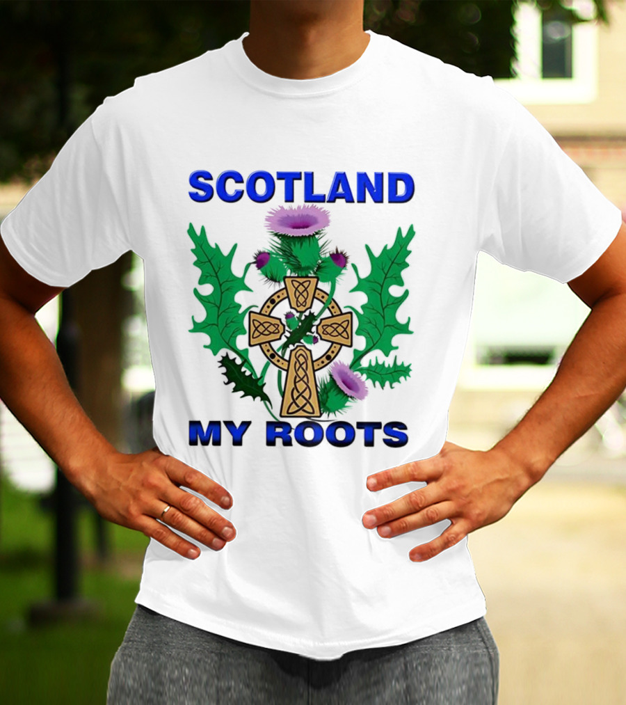 Scotland My Roots Celtic Cross Purple Thistle Heritage T-Shirt