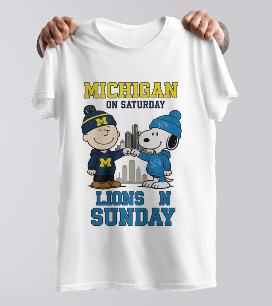 Michigan Wolverines On Saturday Charlie Brown And Snoopy Lions On Sunday T-Shirt
