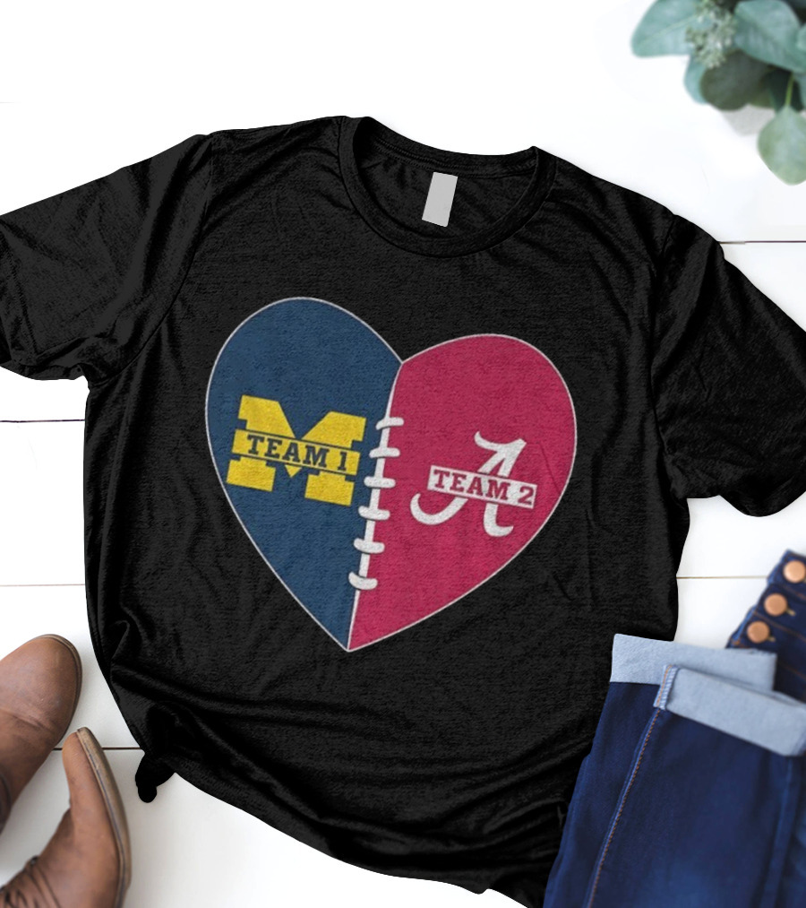 Heart Divided Michigan Wolverines Team 1 Vs Alabama Crimson Tide Team 2 T-Shirt