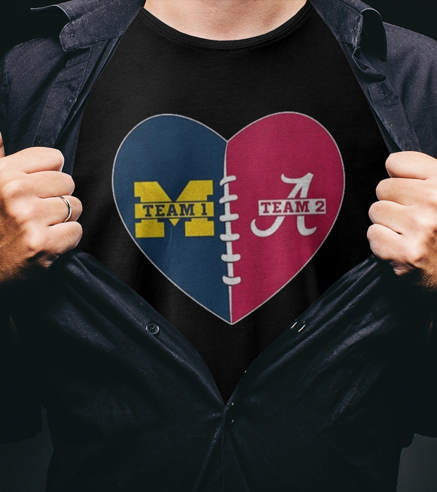 Heart Divided Michigan Wolverines Team 1 Vs Alabama Crimson Tide Team 2 T-Shirt