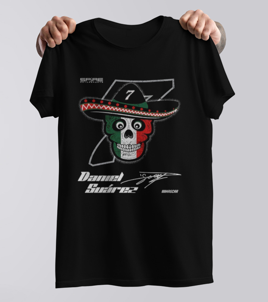 Daniel Suarez 7 Signature Skull Sombrero Spire Motorsports NASCAR T-Shirt