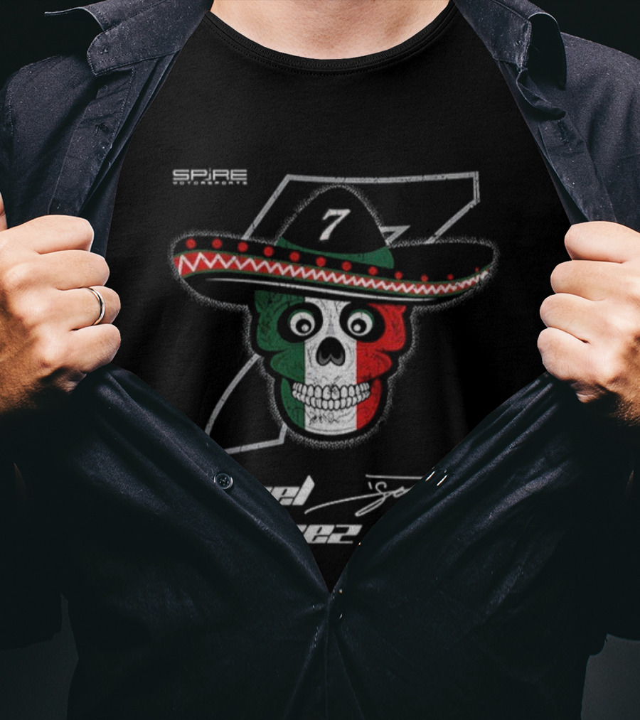Daniel Suarez 7 Signature Skull Sombrero Spire Motorsports NASCAR T-Shirt