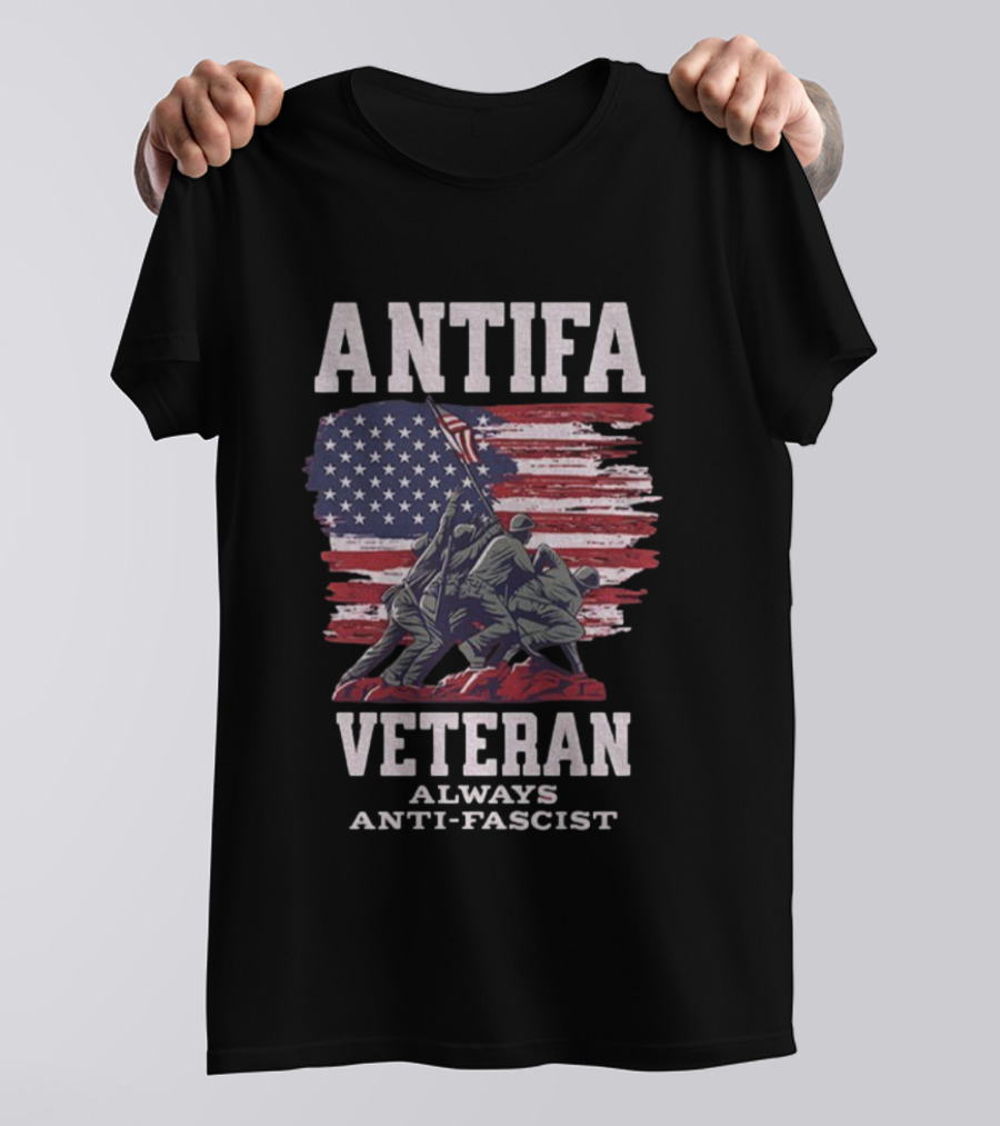 Antifa Veteran Always Anti-Fascist American Flag Iwo Jima Scene T-Shirt