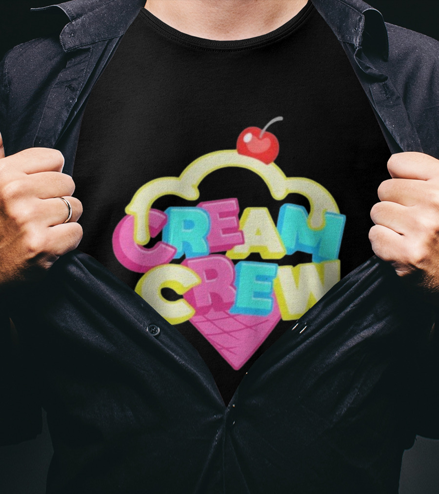 CREAM CREW Ice Cream Cone Cherry Top Colorful Text T-Shirt
