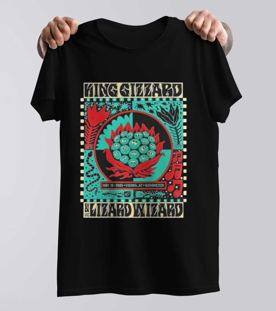 King Gizzard And The Lizard Wizard Vienna Austria November 12 2025 Event At Gasometer Music Notes And Floral Illustration T-Shirt