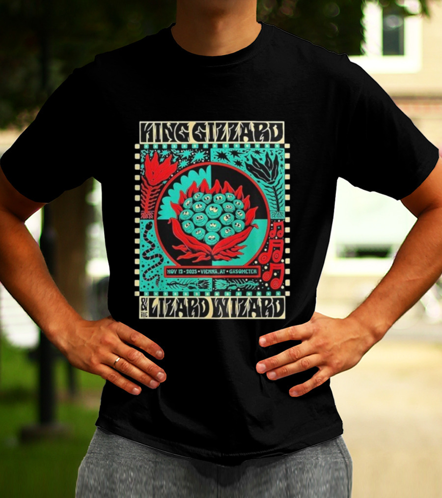 King Gizzard And The Lizard Wizard Vienna Austria November 12 2025 Event At Gasometer Music Notes And Floral Illustration T-Shirt