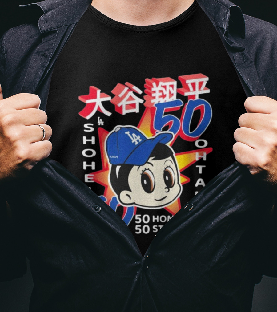 Shohei Ohtani 50 Home Runs 50 Strikeouts Los Angeles Dodgers Cartoon Baseball Hat T-Shirt