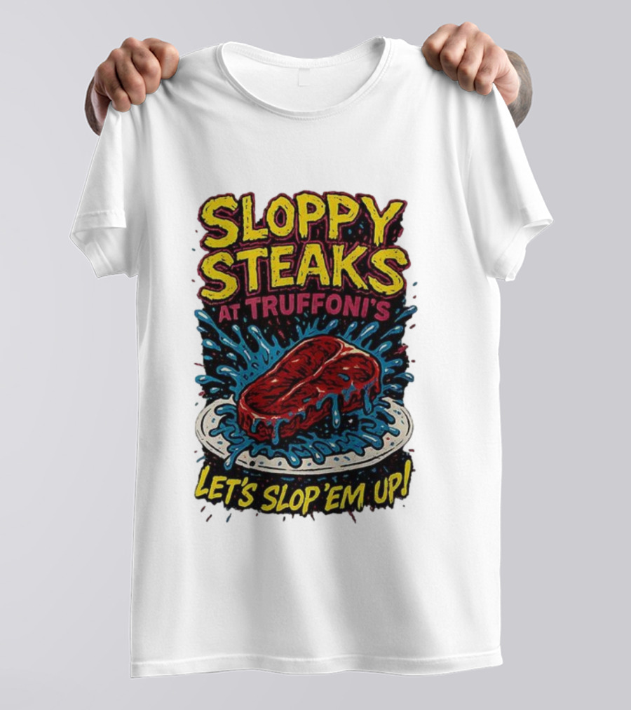 Sloppy Steaks At Truffoni’s Let’s Slop ’Em Up Steak Splash T-Shirt