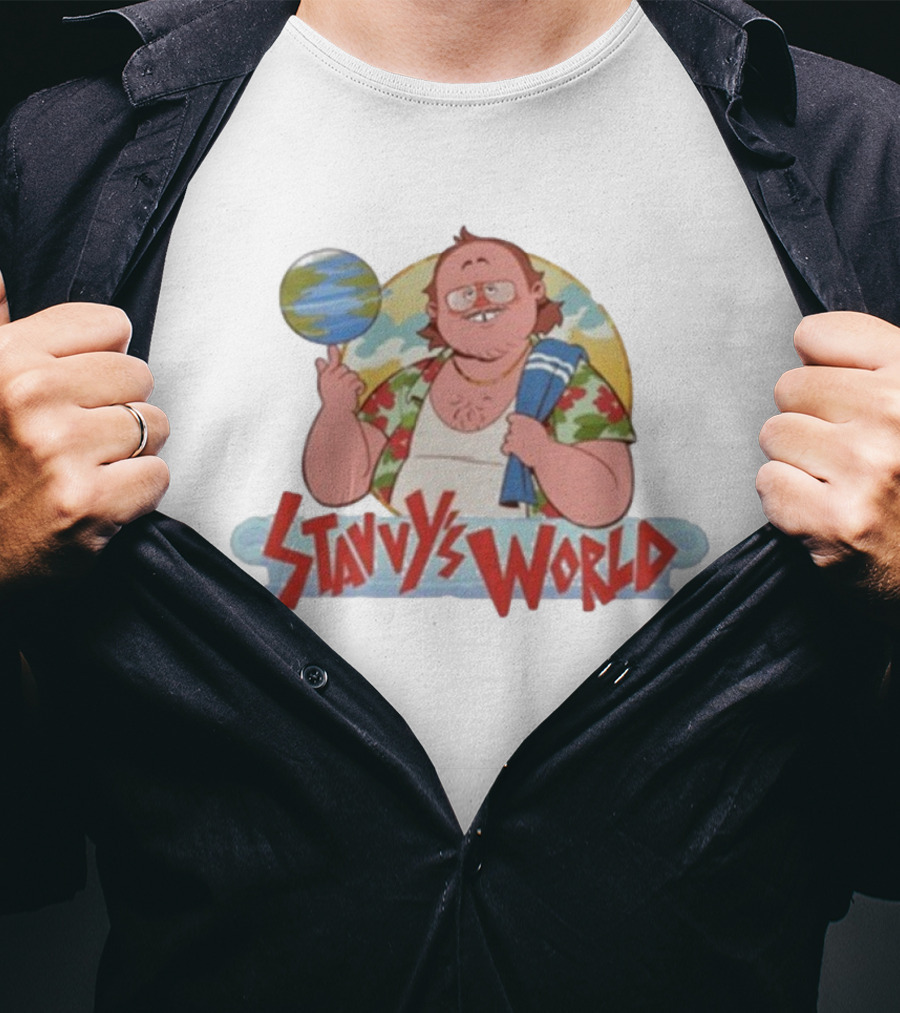 Stavvy's World Cartoon Style Adventure Stavros Halkias Comedic Character With Globe T-Shirt