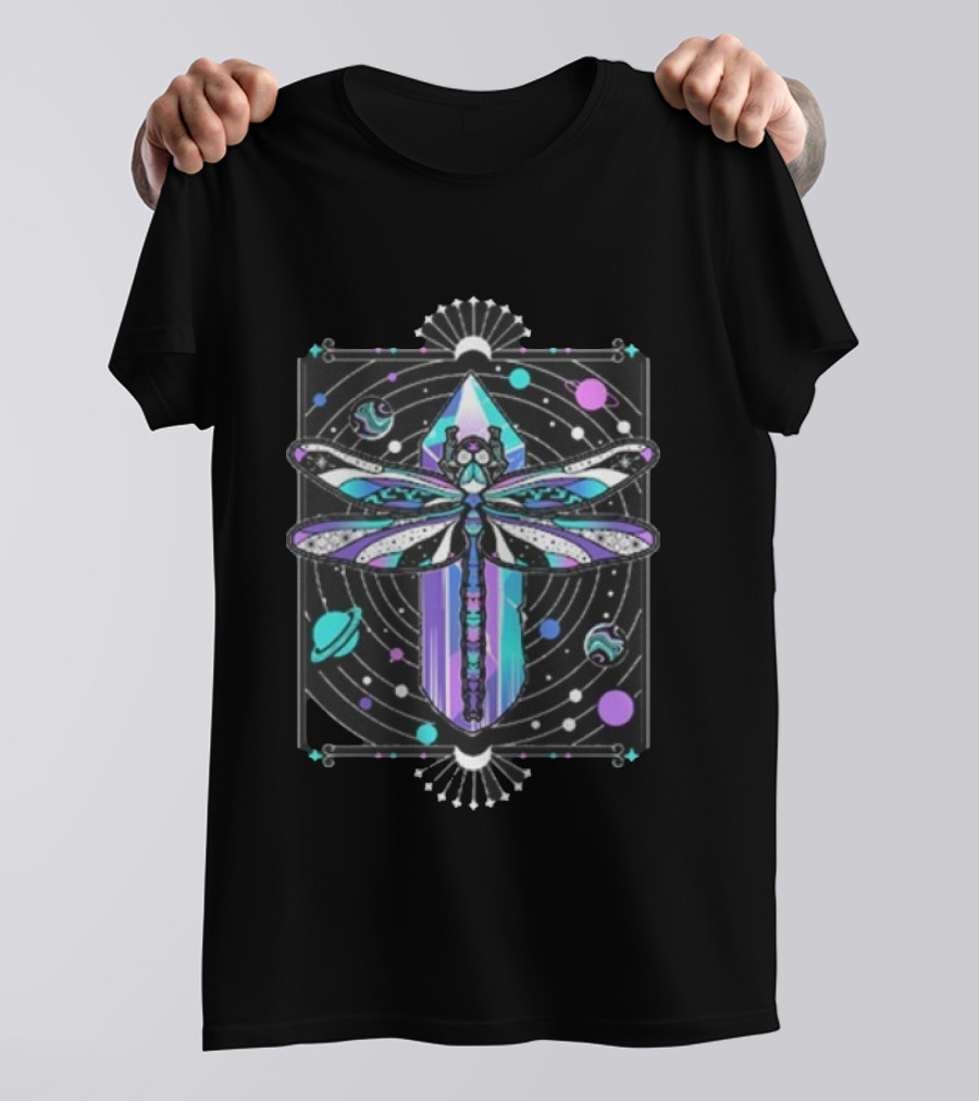 Inzo Soft Landing Psychedelic Dragonfly Crystal Space Planets T-Shirt