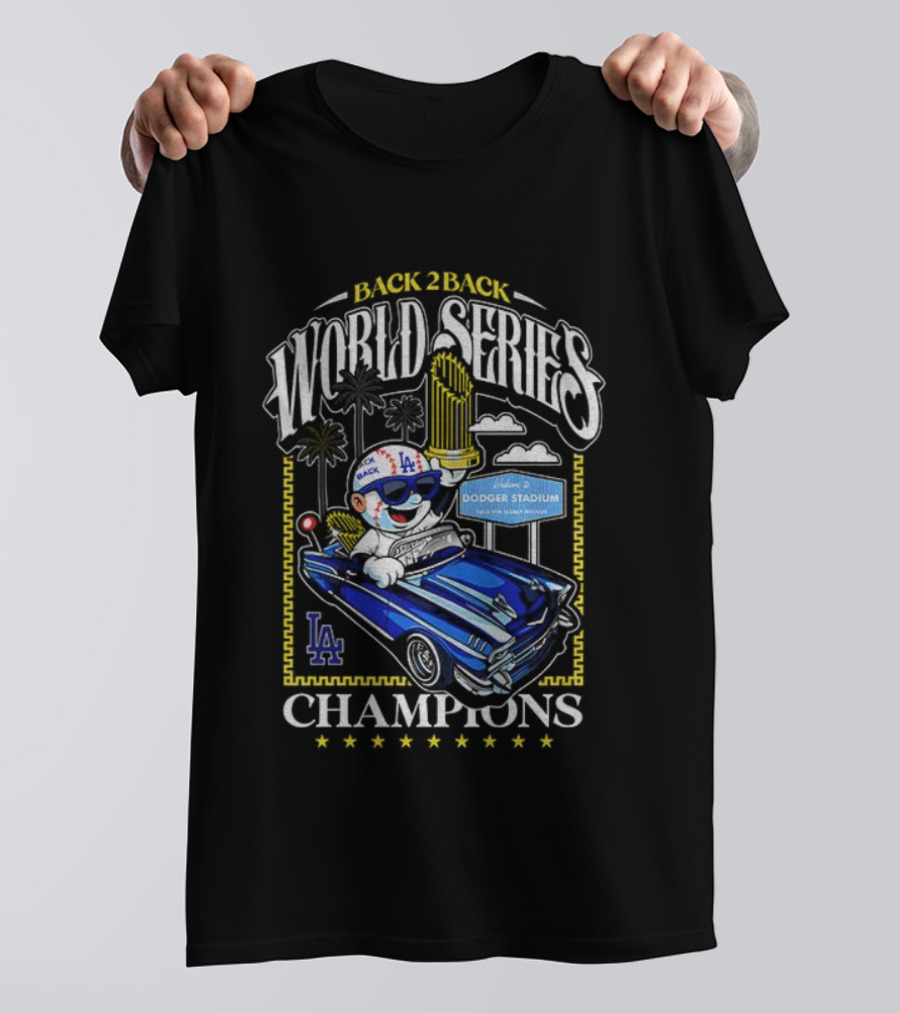 Back 2 Back World Series Champions Los Angeles Dodgers Dodger Stadium Vintage Car Celebration T-Shirt