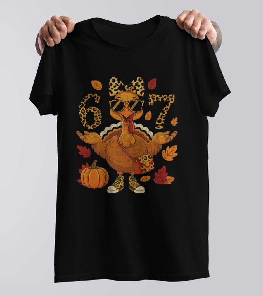 Boujee Turkey Leopard Bow 6 7 Meme Happy Thanksgiving Fall T-Shirt