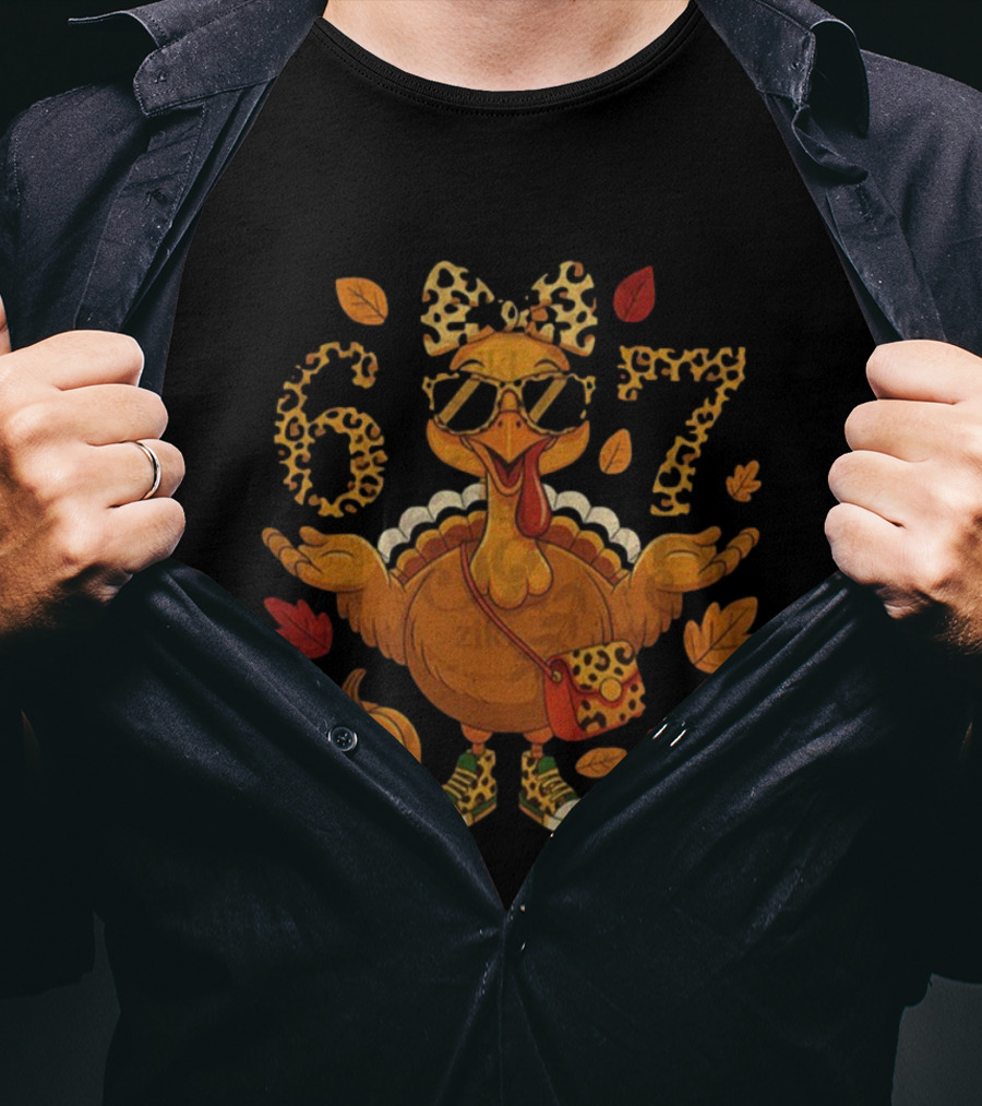 Boujee Turkey Leopard Bow 6 7 Meme Happy Thanksgiving Fall T-Shirt