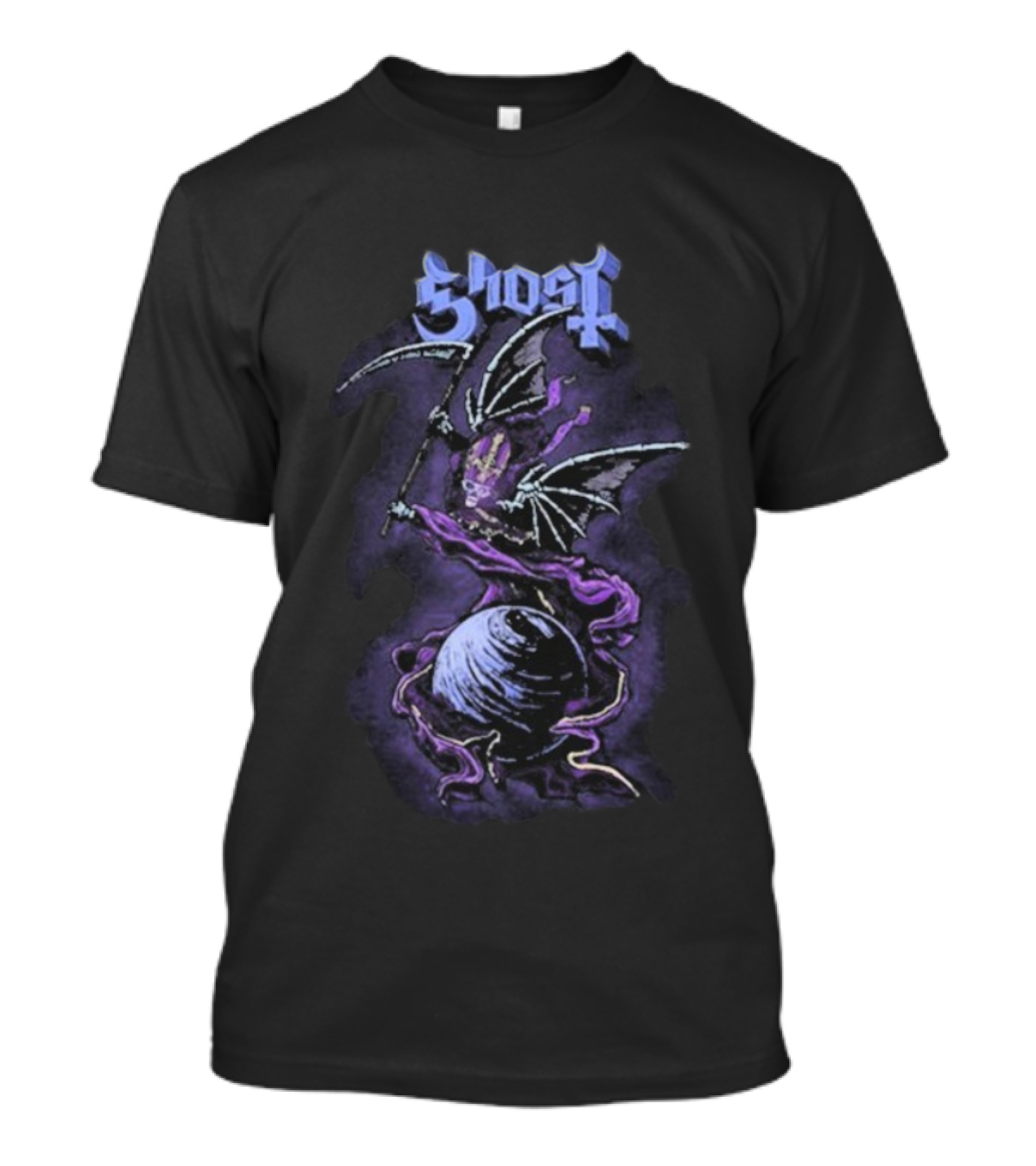 Ghost Papa V Perpetua Grim Reaper Purple Bat Wings Earth Scythe T-Shirt