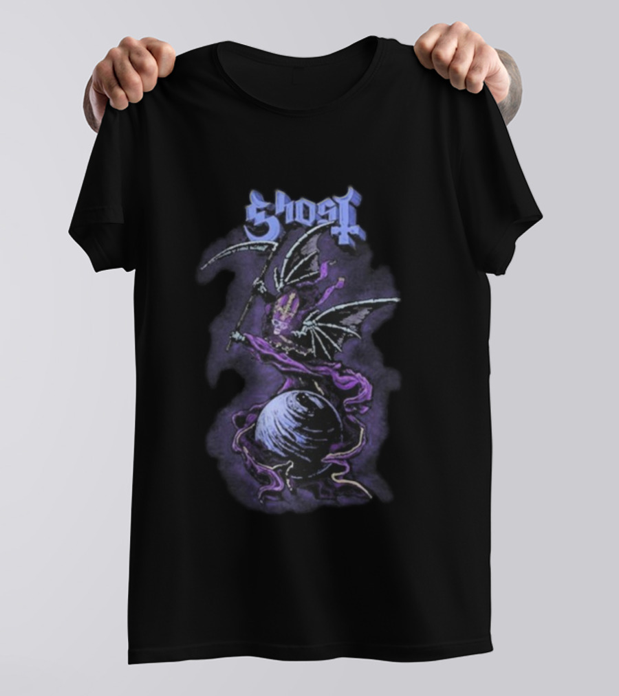 Ghost Papa V Perpetua Grim Reaper Purple Bat Wings Earth Scythe T-Shirt