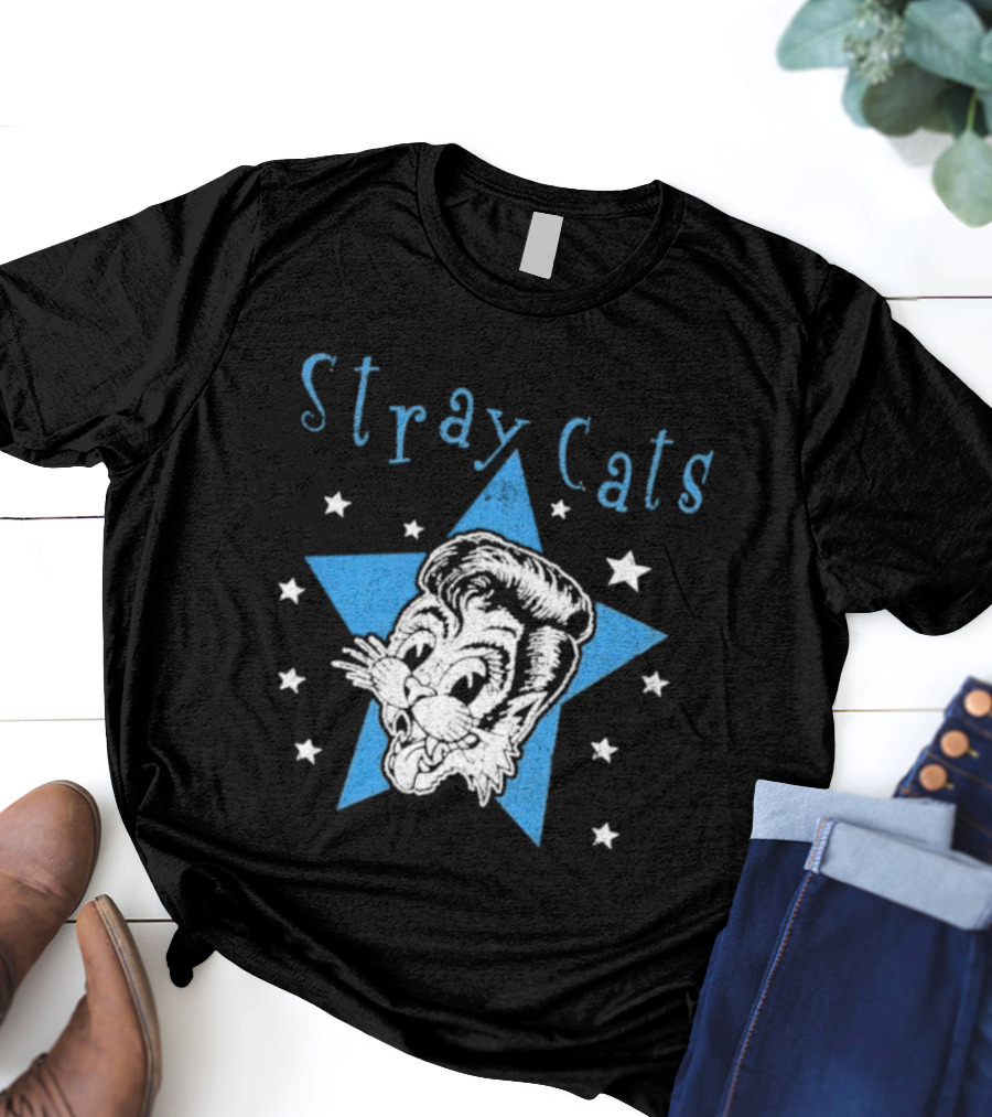Stray Cats Rockabilly Star Cartoon Face With Blue Star T-Shirt