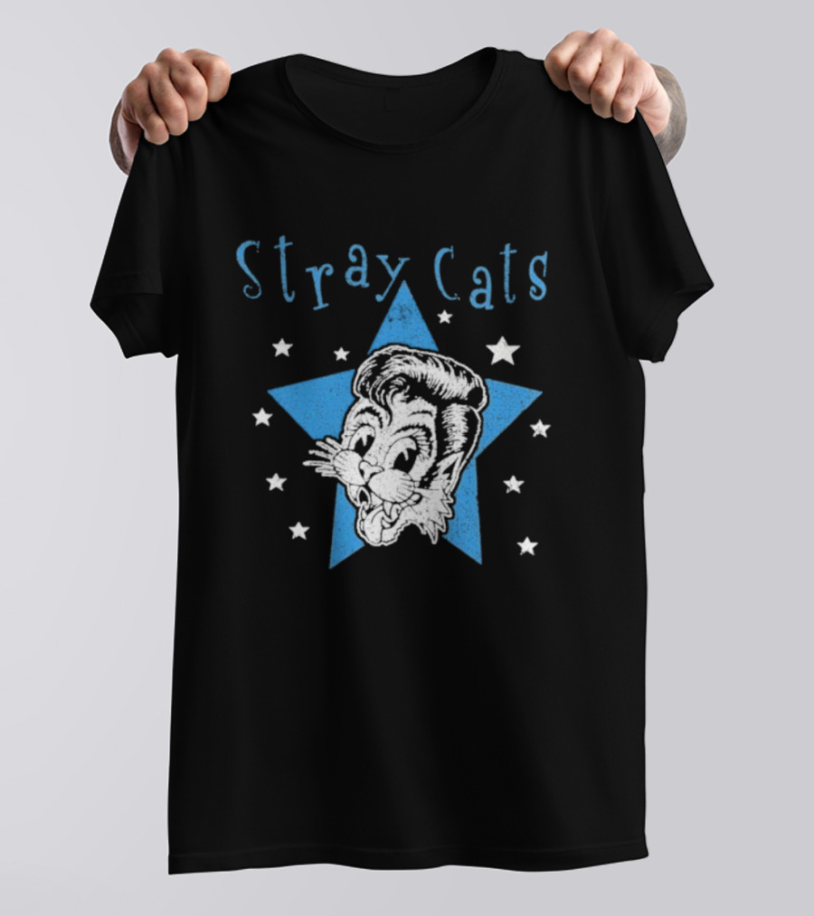 Stray Cats Rockabilly Star Cartoon Face With Blue Star T-Shirt