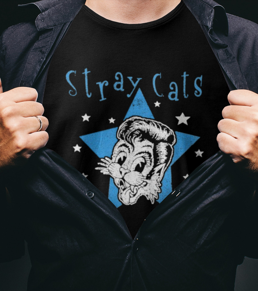 Stray Cats Rockabilly Star Cartoon Face With Blue Star T-Shirt