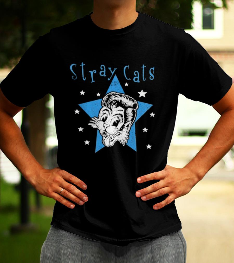 Stray Cats Rockabilly Star Cartoon Face With Blue Star T-Shirt