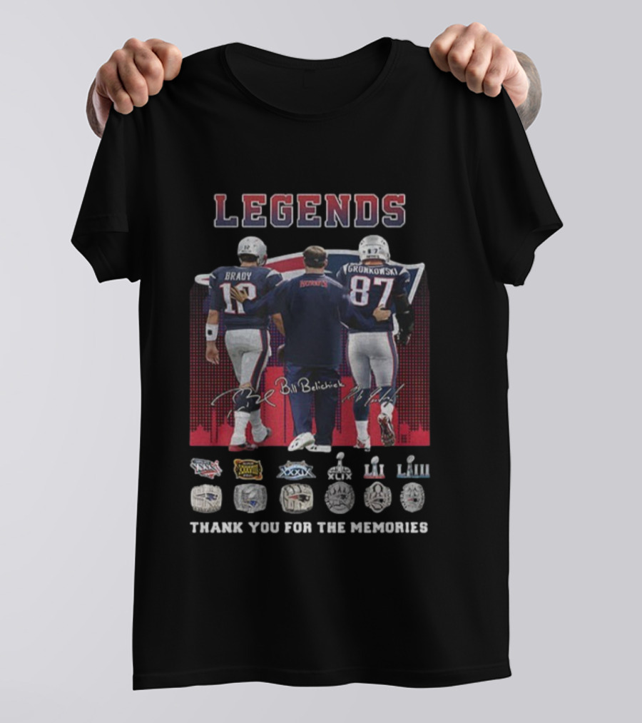 LEGENDS Brady Gronkowski Belichick New England Patriots Thank You For The Memories NFL Rings T-Shirt
