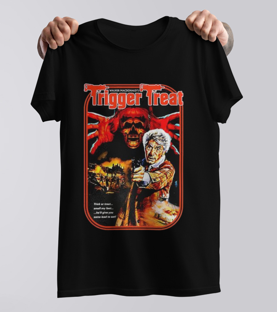 Walker Macdonald’s Trigger Treat Trick Or Treat Horror Skull And Shooter Scene T-Shirt