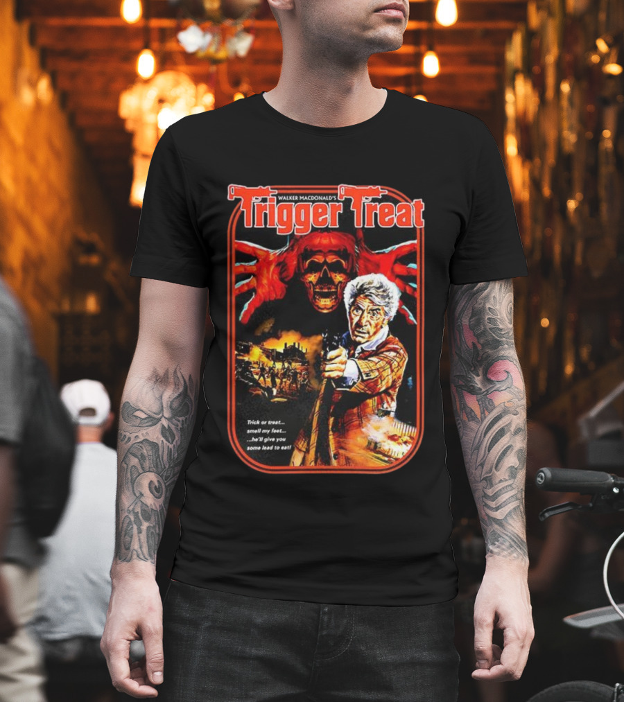 Walker Macdonald’s Trigger Treat Trick Or Treat Horror Skull And Shooter Scene T-Shirt