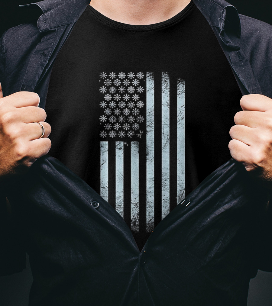 Winter Snowflakes American Flags Blue Stripe USA T-Shirt