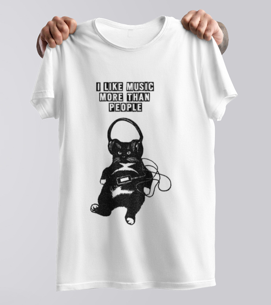 Black Cat With Headphones I Like Music More Than People T-Shirt